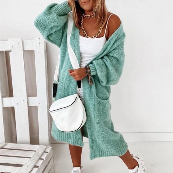 

women's knits & tees 2021 long cardigan women sweater autumn winter batwing sleeve oversized knitted jacket loose ladies pockets cardig, White
