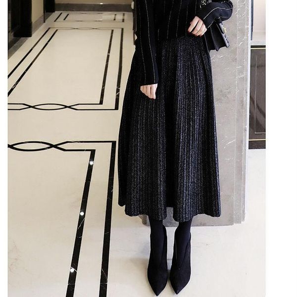 

skirts women 2021 spring summer elastic high waist female knitted a-line skirt ladies casual mid-long mujer falda f377, Black