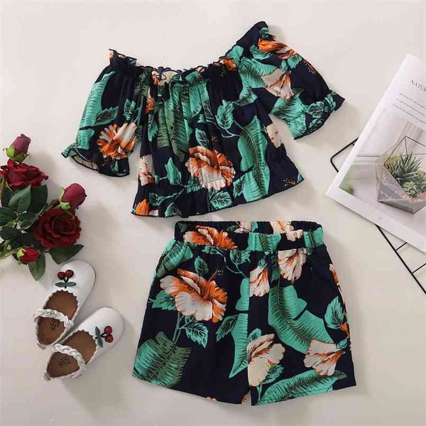 

summer kid girl floral print ruffled green 2-piece suits 210528, White