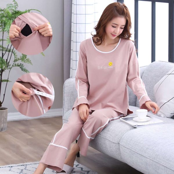 

new pregnant women's pajamas korean version pure cotton maternity long sleeve breast-feeding home clothes out fashion suit, White
