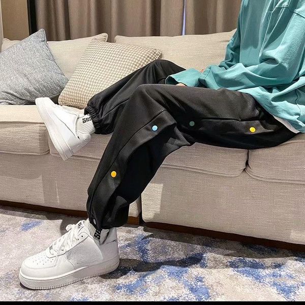 

men's pants solid sweatpants men casual vintage trousers side heart loose jogger couple high street hip hop streetwear, Black