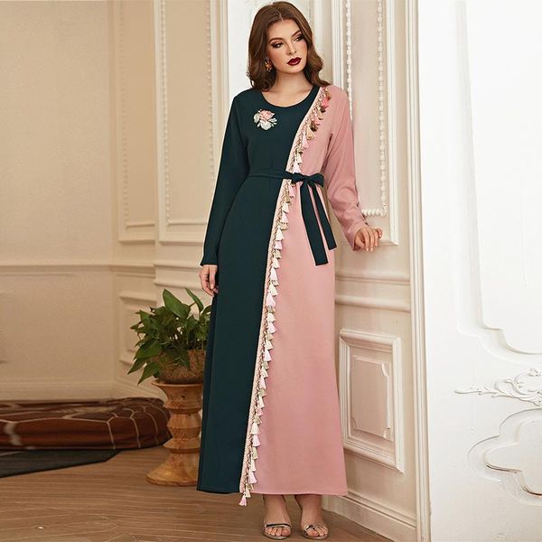 

casual dresses donsignet women dress retro green pink contrast tassel handmade 3d flower diamonds long sleeve robe belt abaya dubai, Black;gray