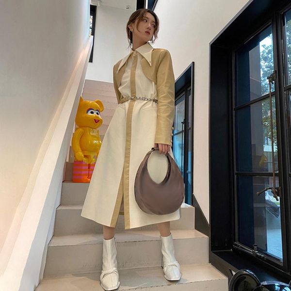 

women's trench coats [ewq] color matching slim casual female peaked lapel long sleeve gathered waist fashion for women autumn 16e4422, Tan;black