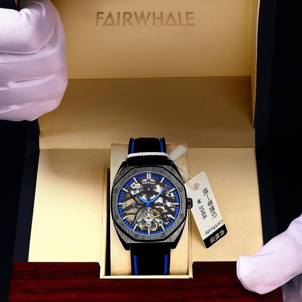 

wristwatches men's mechanical watch hollow square full-automatic luminous waterproof fashion luxury reloj hombre, Slivery;brown