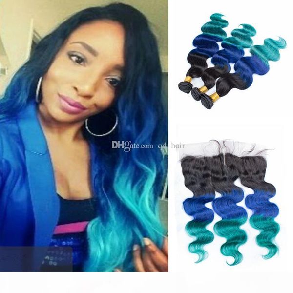 

peruvian ombre virgin human body wave hair 3bundles with lace frontal 1b blue green hair weft extension with ear to ear frontal, Black;brown