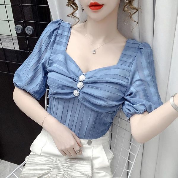 

women's blouses & shirts 2021 women spring summer elegant blouse ladies button v-neck puff short sleeve loose shirt female casual solid, White