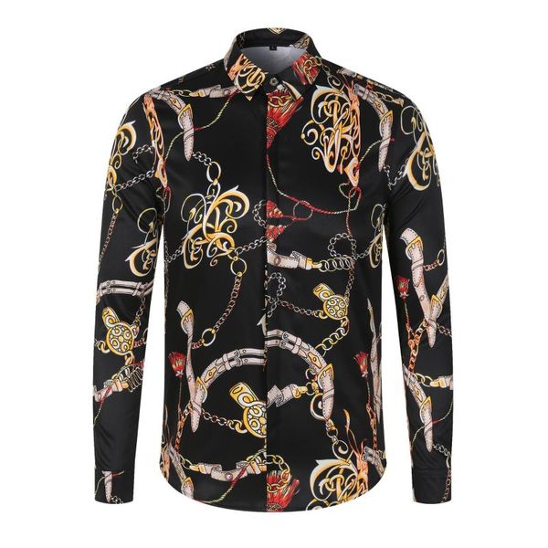 

men's casual shirts luxury royal black men long sleeve digital printing shirt camisa social masculina manga longa prom party, White;black