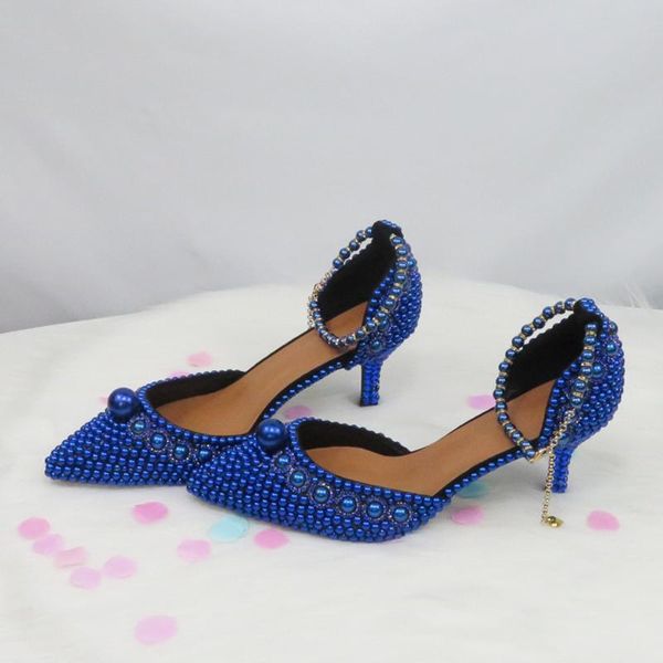 

dress shoes women's sandals 2021 blue heels pearl wedding crystal thin heel pointed toe bridal party plus size ankle strap shoe, Black