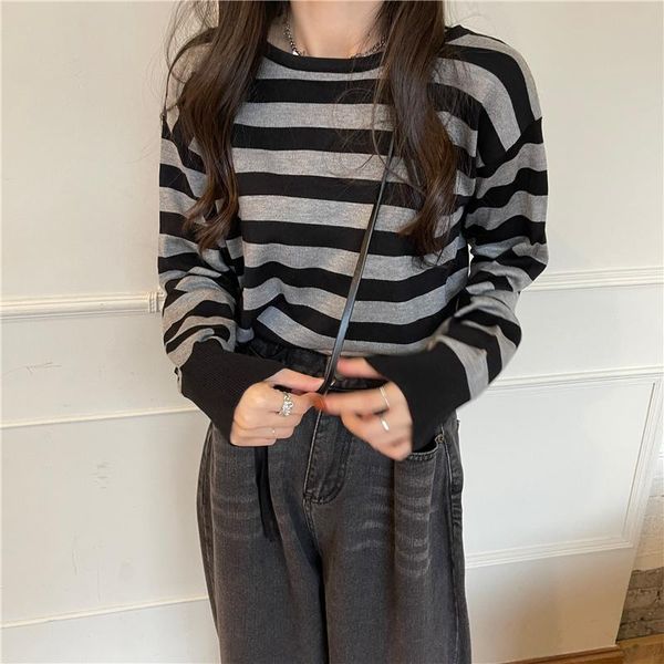 

women's t-shirt real price s autumn and winter drawstring slimming stripes, White