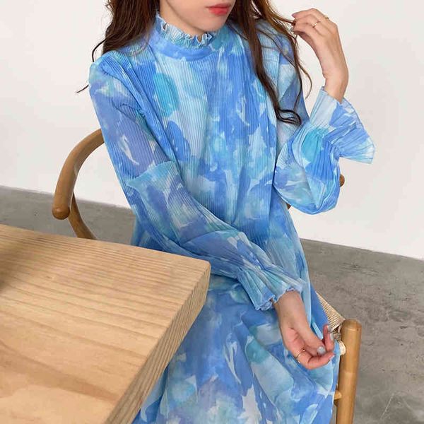 

casual dresses [ewq] autumn female loose stand collar long sleeve over knee panelled print ruffles blue pleated dress 8y573 m4r4, Black;gray