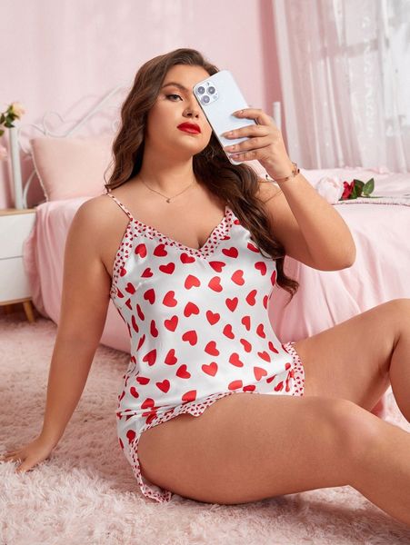 

plus heart print cami & split hem shorts pj set y1hf#, Black;white
