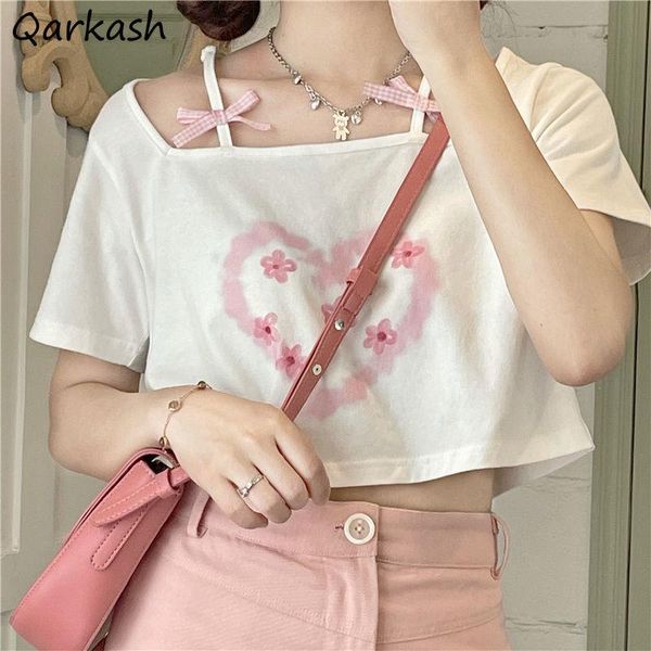 

women's t-shirt women summer t-shirts crop square collar sweet kawaii harajuku chic fashion bows korean style simple all-match casual, White