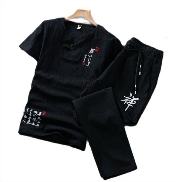 

summer retro embroidery 2 men tracksuits piece set casual fashion short sleeved and lace up ankle length pants color options, Gray
