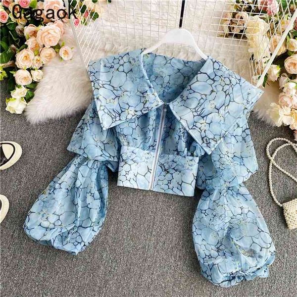 

gagaok fashion vintage women shirts spring autumn chiffon lapel puff sleeve short slim chic wild and blouses k3909 210730, White