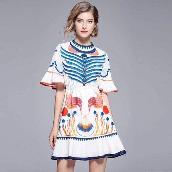 

dress for lady summer women runway designer print flare sleeve ruffle mini bohemia boho dress 210525, Black;gray