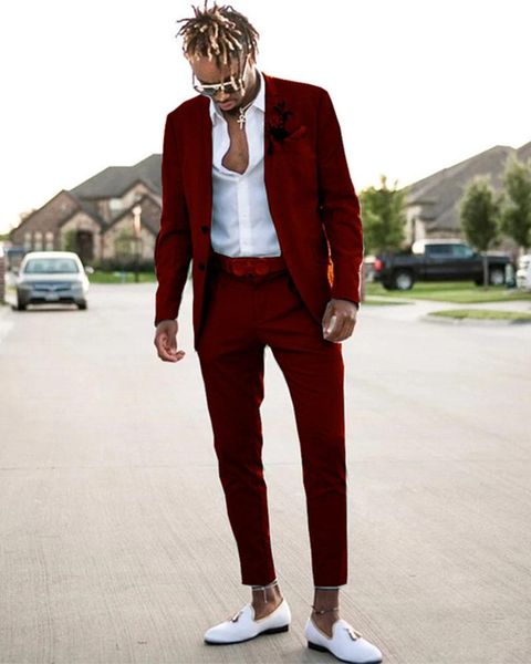 Herrenanzüge Blazer Kostüm Homme Burgund 2 Stück Strand Trauzeugen Hochzeit Smoking für Mann Revers formelle Prom Anzüge (Jacke + Hose)