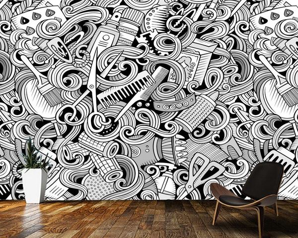 

wallpapers papel de parede cartoon line art cute doodle hair salon barber shop bar restaurant bedroom abstract wallpaper mural home decor