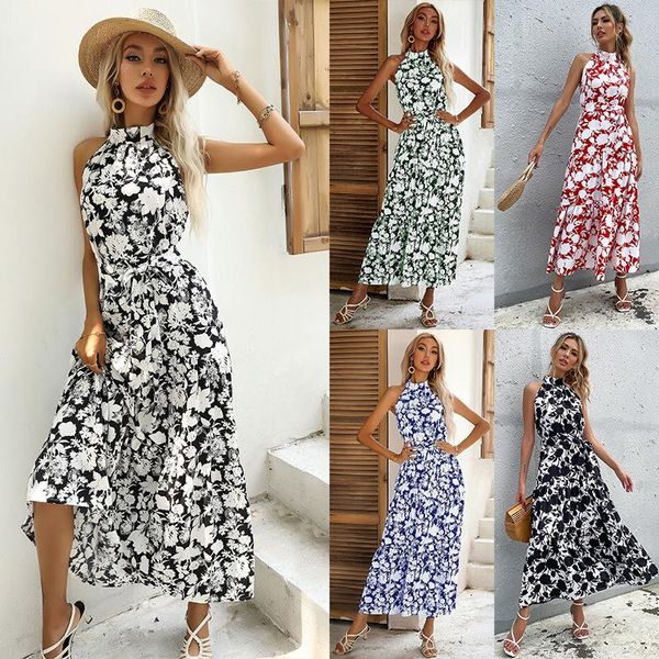 

casual dresses w 2021 summer print halter lace up split women dress, Black;gray