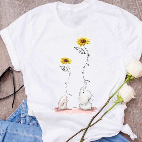 

women graphic sunflower elephant cute printed fashion print clothing 90s clothes lady tees female t shirt womens t-shirt, White