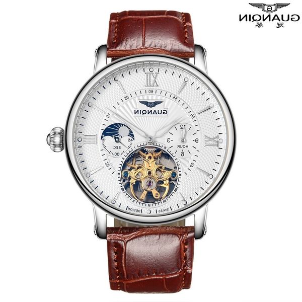 

2021 new guanqin mechanical wristwatches leather strap watch 30m waterproof brand watches men clock, Slivery;brown