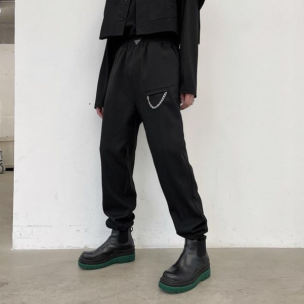

men's pants fashion high waist harem men tapered trousers male metal chain elastic black baggy hip hop joggers man techwear clothing