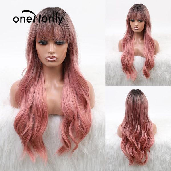 

synthetic wigs onenonly long wig ombre pink side bangs for women black natural glueless