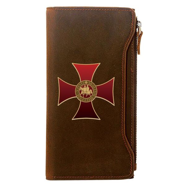 

knights templar cross printing genuine leather wallet men long purse with phone bag zipper card holder clutch, Red;black