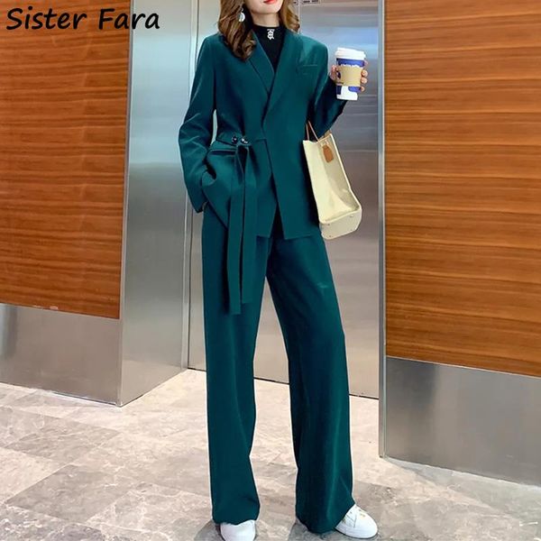 

women's two piece pants sister fara autumn winter elegant notched lace up blazers+high waist straight wide leg office lady suit, White