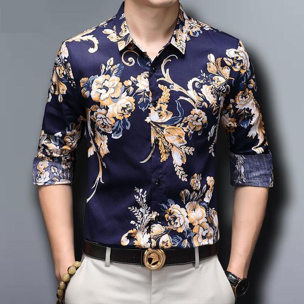 

flowers cotton mens shirts blue printed big size blouse mens chinese complete casual clothes for 2021 autumn, White;black