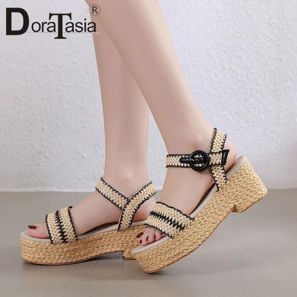 

dress shoes doratasia retro female platform sandals casual brand office women wedges buckle strap open toe striped woman, Black