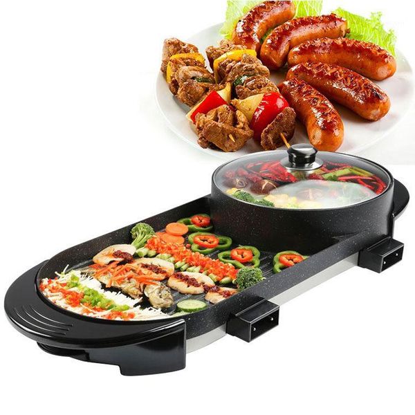 

camp kitchen 2in1 pot and electric grill indoor baking flat pan double-flavor smokeless barbecue griddle egg non-stick1