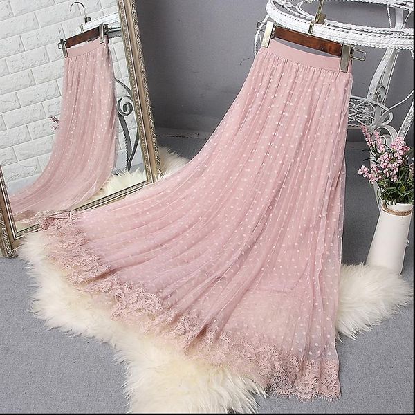 

faldas mujer 2021 women a line skirts womens high waist lace skirt dot pleated skirt women casual jupe femme saias outwear, Black