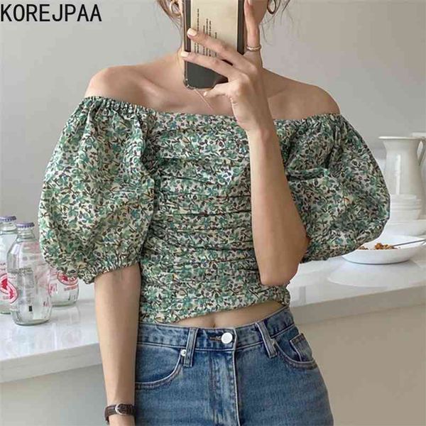 

korejpaa women shirt summer korean chic temperament one-line neck strapless pleated slim floral puff sleeve blouses 210526, White