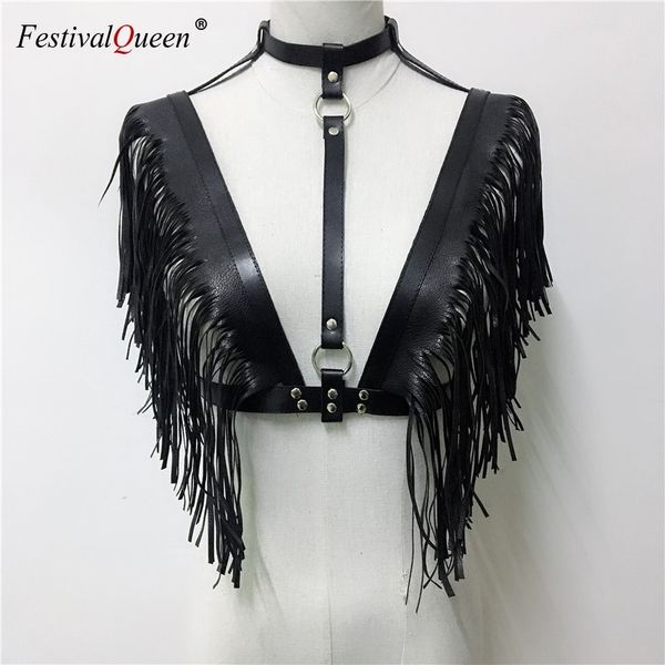 

gothic leather hollow out crop women link chain tassel tank rave festival summer beach party clubwear 210308, Black