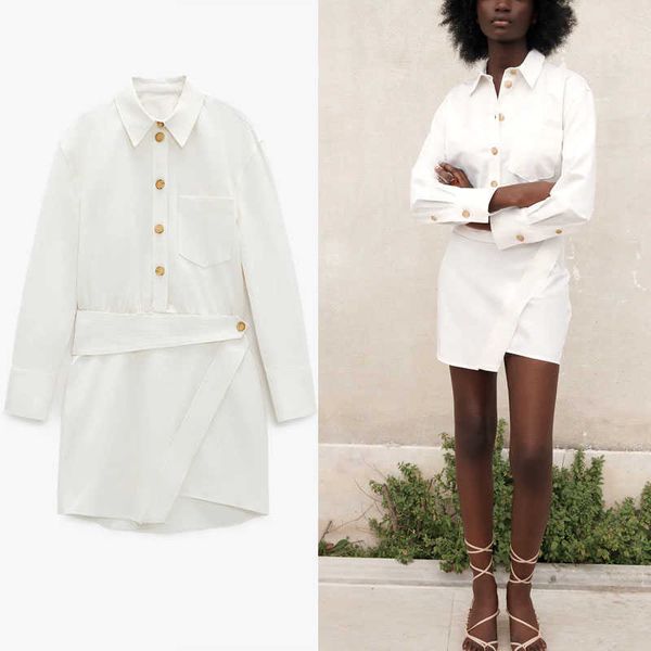 

za white mini shirt dress women long sleeve asymmetric hem belted dresses woman fashion front patch pocket summer vestidos 210602, Black;gray