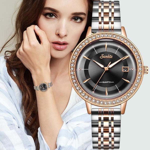 

wristwatches sunkta women watches fashion elegant full steel watch simple quartz relogio feminino montre femme, Slivery;brown