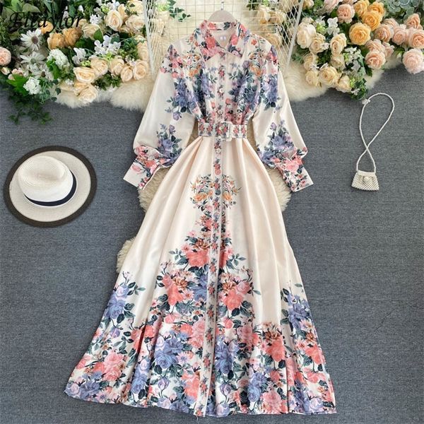 

fitaylor new autumn floral print dresses women turn down collar with belt single breasted high waist a line slim dress 210309, Black;gray