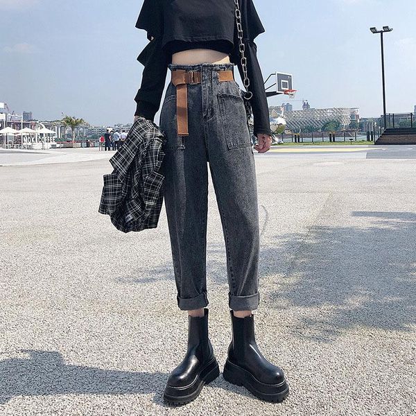 

women's jeans harem pants women 2021 fashion belted vintage ankle length denim baggy mom jean loose washed trousers y, Blue