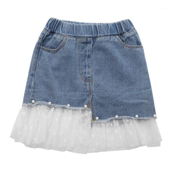 

children baby girl clothes 2021 summer kids girls jeans skirts sweet wild washed denim stitching mesh cute skirt, Blue