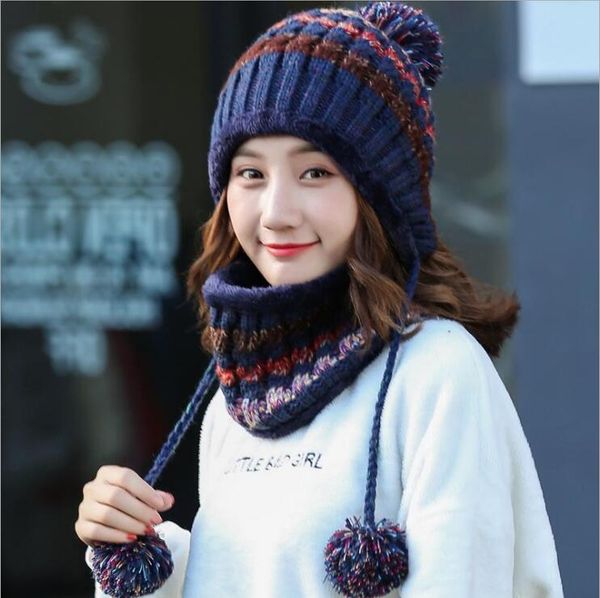 

all-match for ladies in autumn and winter wool caps hats scarves sets dmzm026a fashion warm ear protection plus velvet thick knitted cycling, Blue;gray