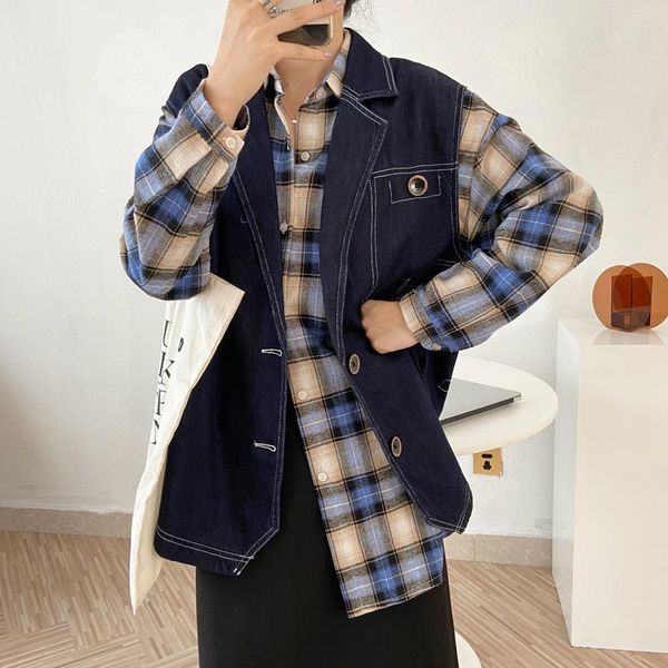 

women's vests vintage dark blue cowboy vest female lapel single breasted denim waistcoat spring autumn 2021 loose casual sleeveless bas, Black;white