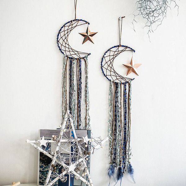 Boho Pentagram Macrame Macrame Pendurado Lua Estrela Bohemian Home Decoração Tassel Pena Wall Hanging Handmade Woven Home Decor