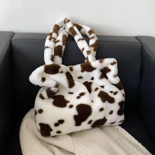 

evening bags flannel tote shoulder for women cow pattern plush 2021 autumn winter designer all-match ins casual handbags