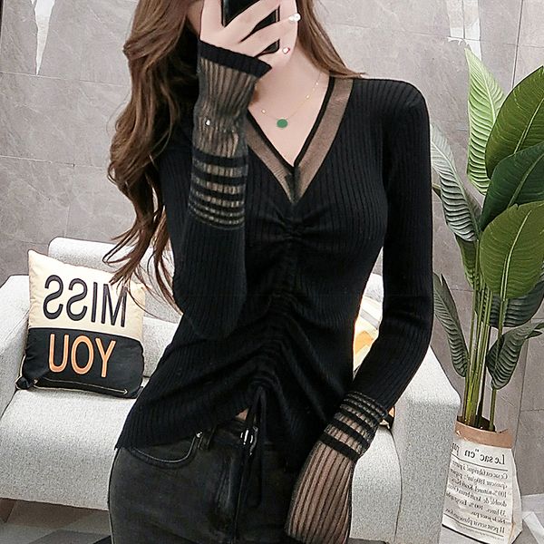 

2021 new spring fall drawstring knitted sweater long sleeve ruched v neck color-block patchwork women thin knit pullovers elegant m07616b u8, White;black