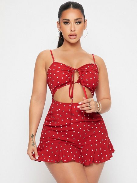 

heart print tie front cut out ruffle romper h31y#, White