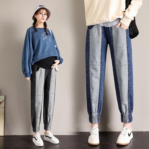 

fashion pregnant women jeans pregnancy abdominal harem pants spring autumn denim high waist trousers maternity casual clothes, White