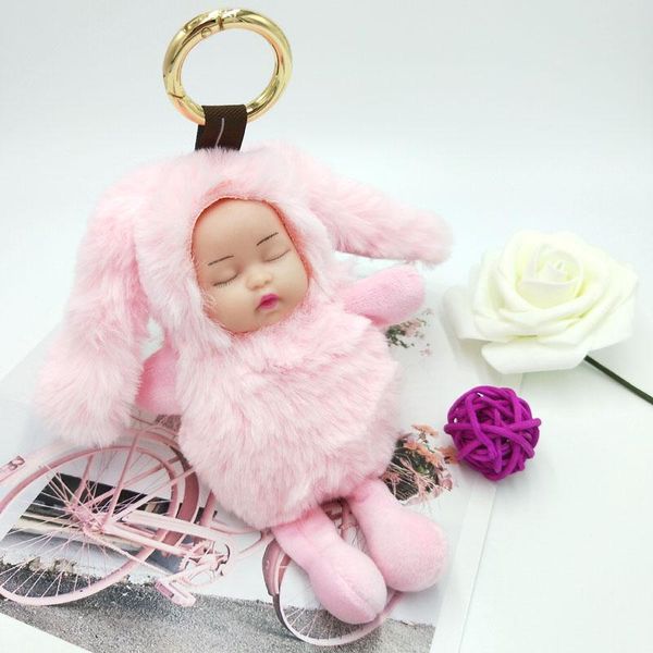 

keychains imitation hair sleep doll key chain children's jewelry gift bag backpack pendant fluffy ring female 7 color, Silver