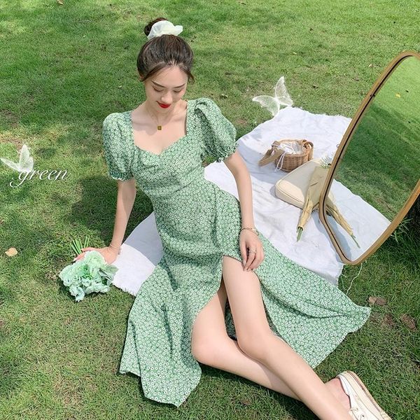 

green vestidos prairie chic puff sleeve women dress clothing korean style long dresses summer fashion brand print dress elegant, Black;gray