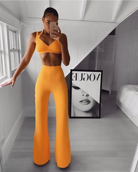 

women's tracksuits 2021 europe and america spring summer bandage celebrity party red yellow sling v-neck speaker 2 piece set jumpsuit s, Gray