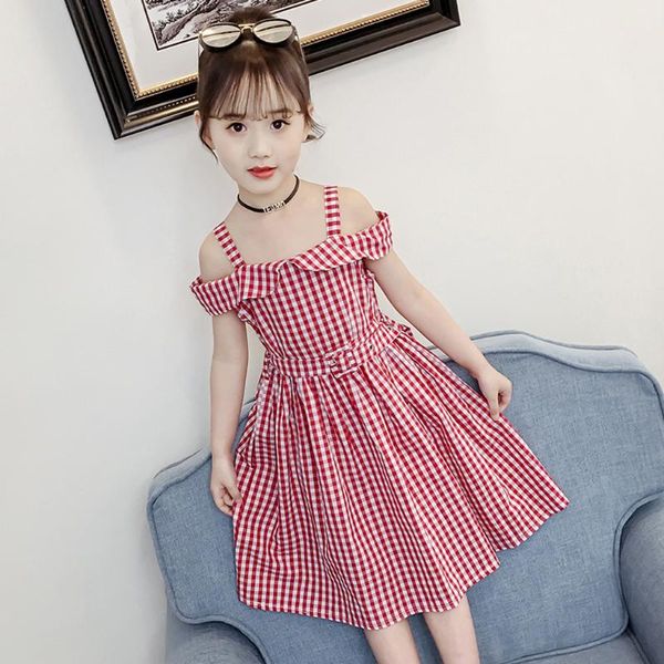 

dresses kids teen children girl off shoulder strap plaid print dress belt casual dresses vestidos de verano, Red;yellow